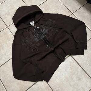 Vintage Avirex Y2K Brown Embroidered Cross Zip-Up Hoodie
